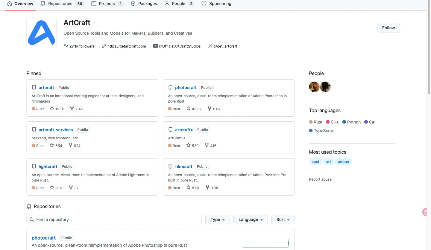 GitHub organization storytold with ArtCraft and Photocraft pinned
