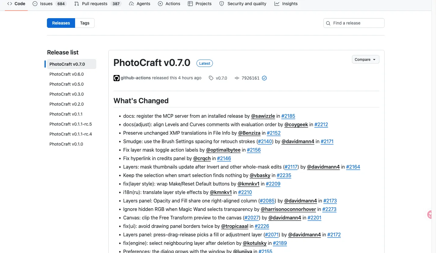 Photocraft GitHub Releases list with versioned assets