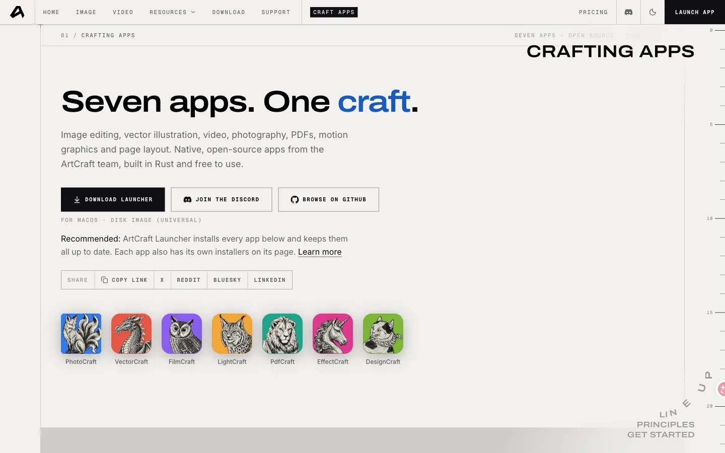 Official ArtCraft apps page with Download Launcher for macOS Windows and Linux